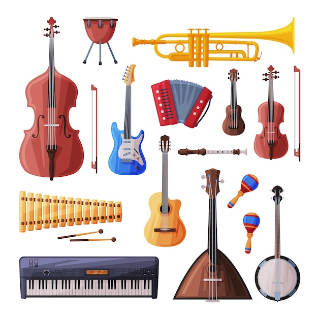 Instrumentos musicais Conjunto violoncelo violino guitarra balalaica tambor xilófono maracas piano estilo plano ilustração vetorial