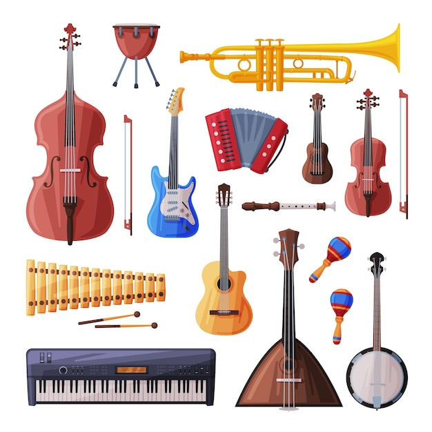 Vetor instrumentos musicais conjunto violoncelo violino guitarra balalaica tambor xilófono maracas piano estilo plano ilustração vetorial