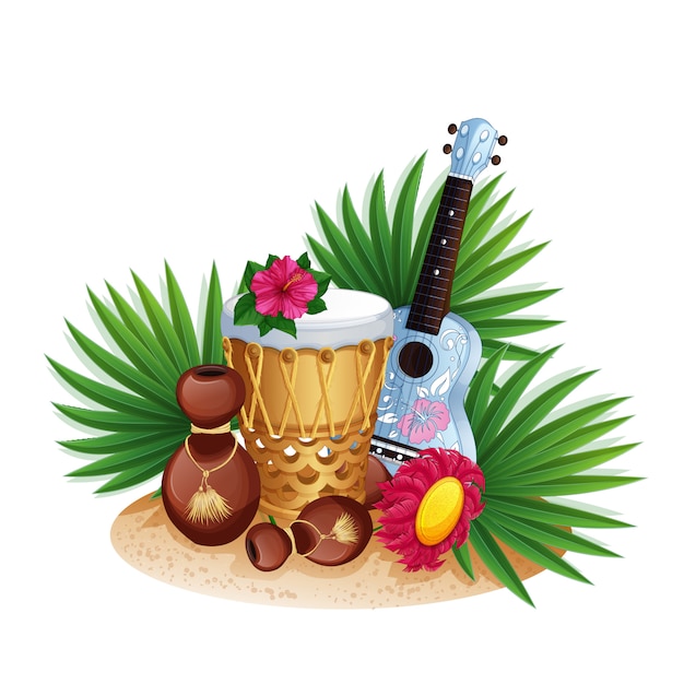Instrumentos musicais havaianos, folhas de palmeira e hibisco.