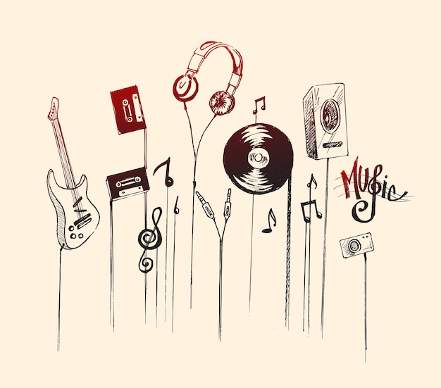 Instrumentos musicais ilustração em vetor desenhado à mão