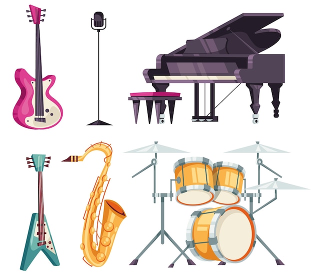 Vetor instrumentos musicais isolado conjunto conceito ilustração de elemento de design de desenho animado plano