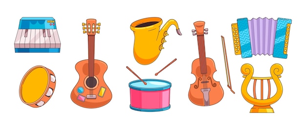 Instrumentos musicais retrô, incluindo piano, guitarra, saxofone, violino, tambor, harpa e tamborim
