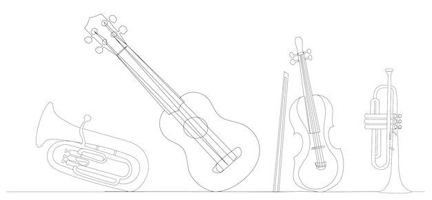 Instrumentos musicais uma linha contínua desenhando vetor isolado