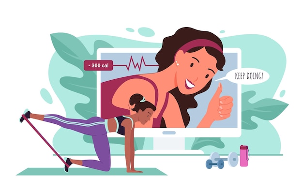 Instrutor de fitness online, ilustração vetorial de treino de esportes. desenhos animados do personagem de mulher esportiva jovem ativa no treinamento de roupas esportivas com equipamentos esportivos por meio de videochamada na internet para o plano de fundo do treinador.