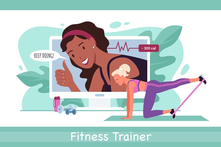 Vetor instrutor de fitness online, treino esportivo com jovem ativa no treinamento de roupas esportivas