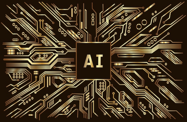 Vetor inteligência artificial chip circuito de ouro fundo tecnologia escura futurista