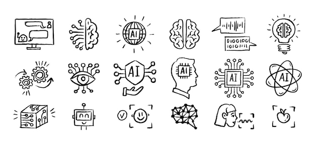 Inteligência Artificial Ícones Grunge giz desenhado à mão Doodle Brush set Contorno AI desenho lápis