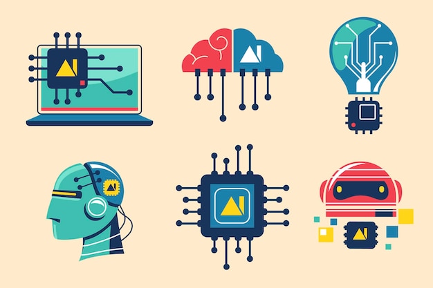 Inteligência Artificial Tecnologias Modernas Ilustração adesivo e conjunto de emblemas
