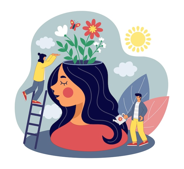 Inteligência positiva emoções conceito de saúde mental crescimento da mente belo cérebro cura mulher aplicativo cabeça com flores e pessoas minúsculas design de panfleto vetorial desenho de desenho animado plano