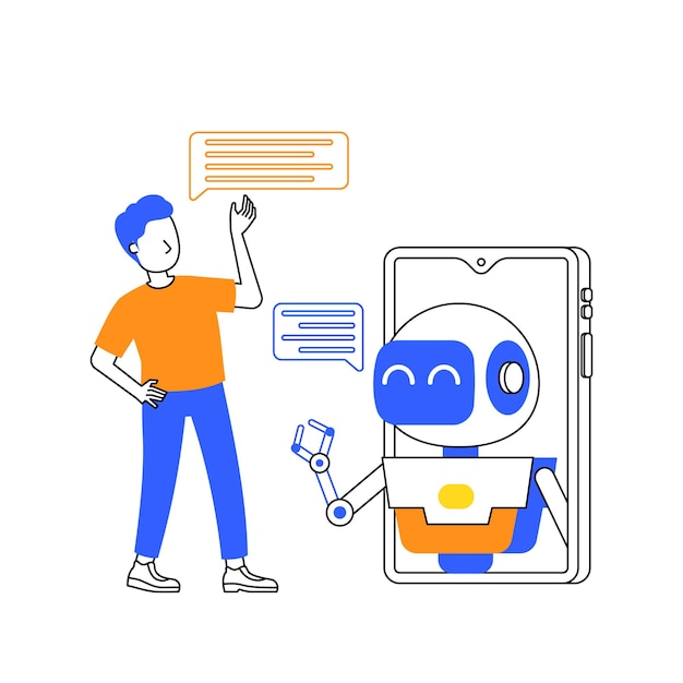 Interação humana com robô em smartphone ou chatbot inteligência artificial conversando com ai para responder à pergunta ilustração de tom duplo