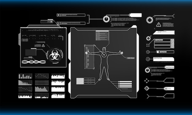 Interface biométrica futurista com painéis de dados de alta tecnologia figura humana e análises visuais de segurança perfeitas para temas tecnológicos