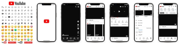 Interface de aplicativo do youtube em ícones de tela do iphone emoticons maquete do youtube em smartphone ilustração vetorial