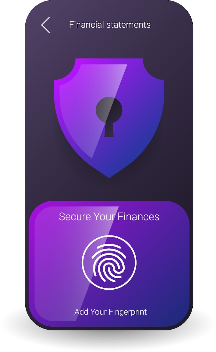 Vetor interface de aplicativo móvel segura com autenticação de impressão digital e design de ícone de escudo