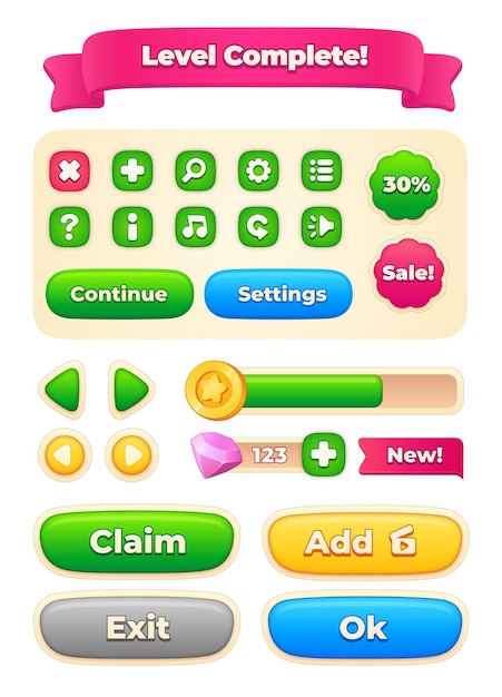 Interface de jogo estilo cartoon vetorial ui com botões, barras de progresso, adesivos e fita