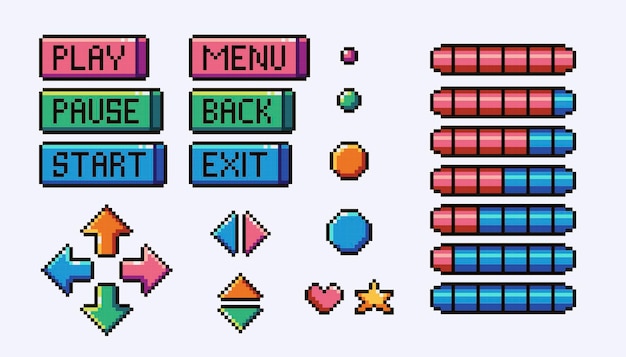 Interface de menu com conjunto de arte de pixel de barras de saúde botões corações e setas coleção sprite de 8 bits