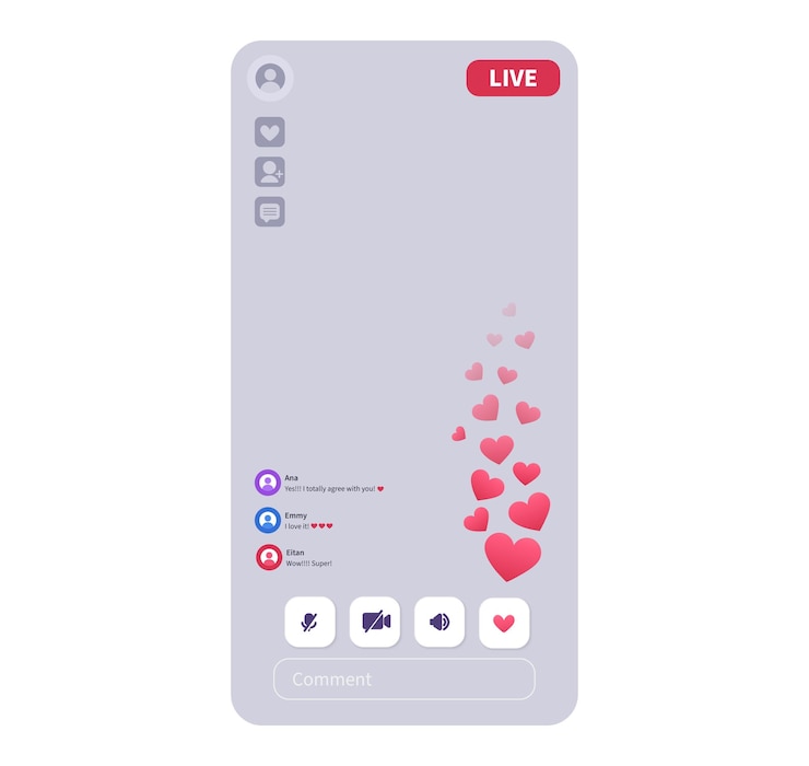 Vetor interface de transmissão ao vivo com muitos gostos do modelo de tela histórias para aplicativos móveis