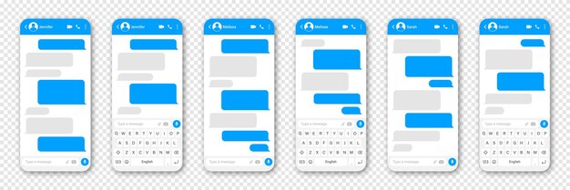 Vetor interface de usuário de aplicativo de mensagens em branco tela de conversa de texto de sms tela de bate-papo com mensagem azul