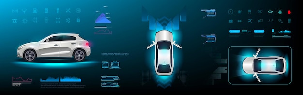 Vetor interface de usuário de carro futurista painel de carro inteligente na tela holográfica digital hud configurações de controle do veículo sistema de controle eletrônico via painel de navegação