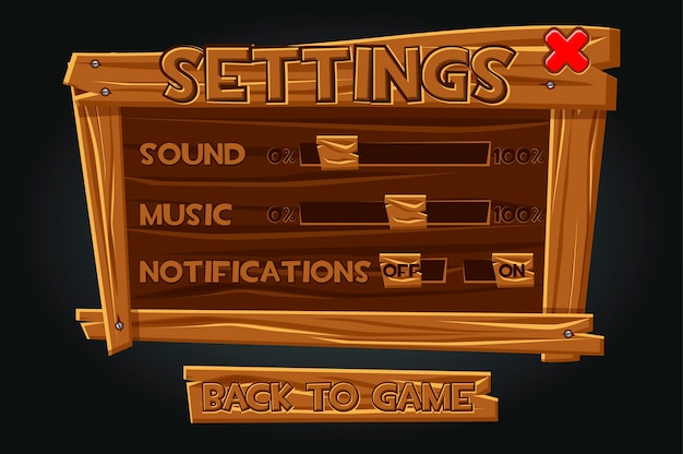 Interface de usuário do jogo de madeira, janela de configurações. configurações no painel antigo para reproduzir som, notificação, música.