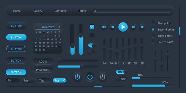 Vetor interface de usuário preta. interruptores de elementos de interface do usuário modernos, barras, botões liga / desliga e controles deslizantes, exibição de mídia, login e senha, modelo de ilustração vetorial