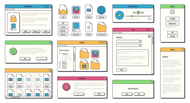Vetor interface do computador dos anos 90 retro painéis de interface gráfica de estilo dos anos 80 e 90 com botões e quadros para aplicação