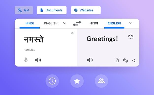 Interface do tradutor. tradução da palavra indiana para o inglês saudações!