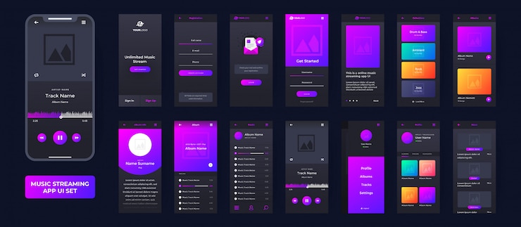 Vetor interface do usuário do aplicativo de música definida para streaming de música on-line