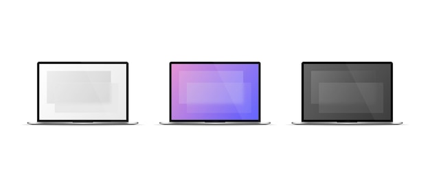 Interface do usuário do Glassmorphism na tela do laptop em cores diferentes. Laptop ou notebook em branco