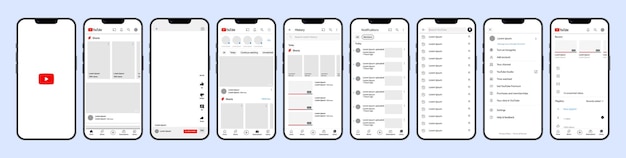Vetor interface do youtube modelo de interface de rede social de mídia social da tela do you tube página inicial perfil de assinatura de recomendações do youtube modelo de iphone 14 ilustração editorial
