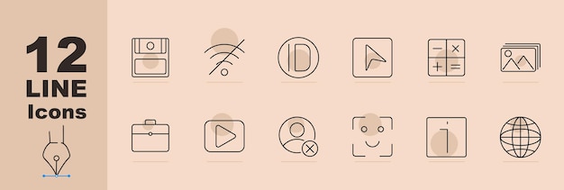 Interface icon set Drawer no signal pause cursor calculator gallery briefcase play button user remove face scan power button globe Interface media navigation