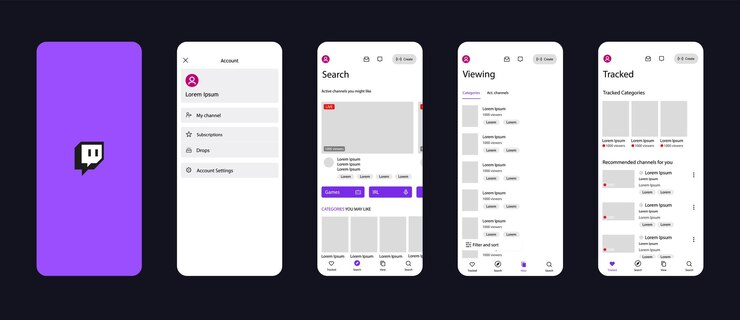 Vetor interface móvel do twitch modelo de interface da plataforma de streaming de mídia social da tela do twitch recomendações do logotipo da página inicial perfil de assinatura glassmorphism ilustração editorial