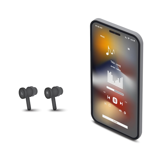 Interface realista de leitor de música em fones de ouvido de telefone móvel em fundo branco
