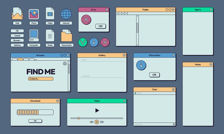 Vetor interface retro anos 80 anos 90 anos elementos de interface de usuário de computador e internet quadros de tendência