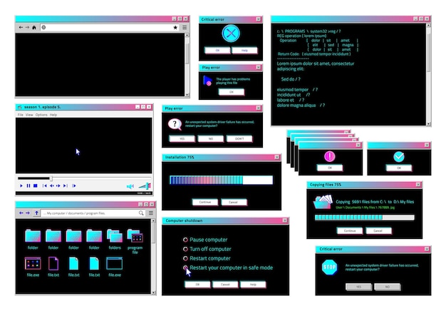 Interface retro. iu de software clássico com cores e temas cyberpunk, janelas pop-up retro futuristas, navegador de internet e gerenciador de arquivos. vetor definido carregamento do painel da tela do computador