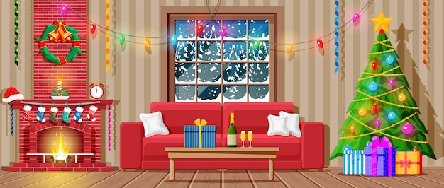 Vetor interior acolhedor da sala de estar com janela sofá mesa lareira árvore de natal feliz ano novo decoração feliz natal feriado ano novo e celebração de natal cartoon ilustração vetorial plana