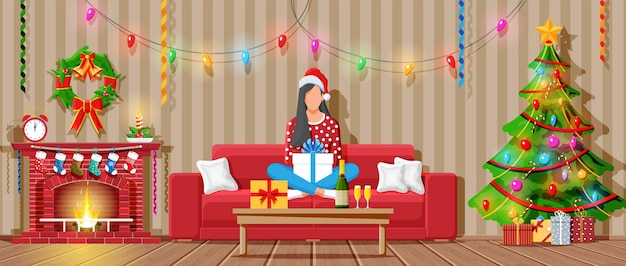 Interior acolhedor da sala de estar com mulher no sofá mesa lareira árvore de natal feliz ano novo decoração feliz natal feriado ano novo e celebração de natal cartoon ilustração vetorial plana