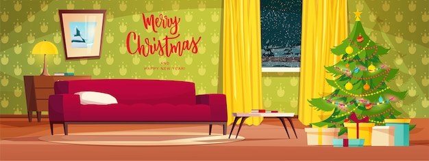 Vetor interior aconchegante da sala de estar decorado para as férias de natal.