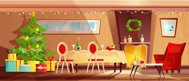 Interior aconchegante da sala de estar decorado para as férias de Natal.
