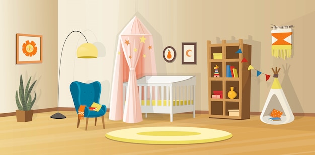 Interior aconchegante para crianças com brinquedos, berço, estante, poltrona, barraca infantil e abajur. Interior de vetor escandinavo em estilo cartoon.