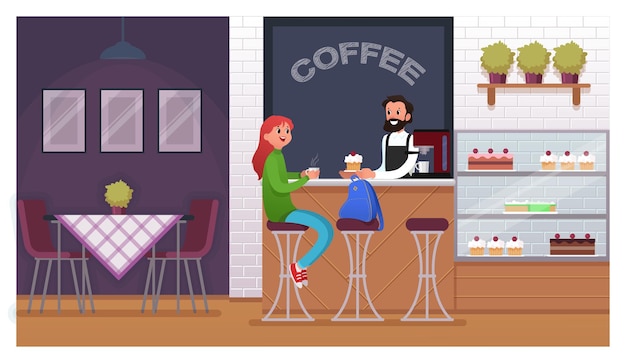 Interior casual de café com pessoas ilustração vetorial plana cliente com uma xícara de café