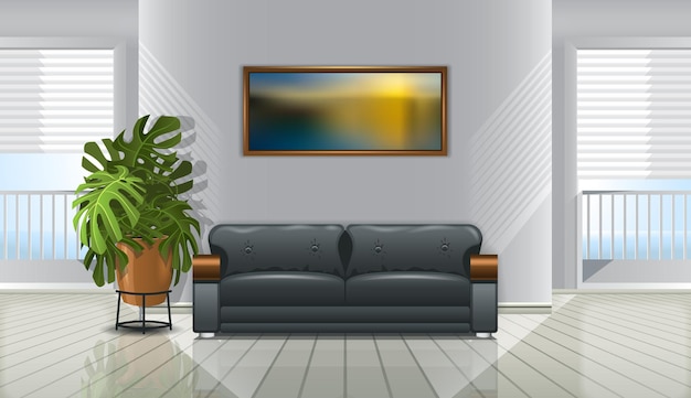 interior com sofá e foto na parede