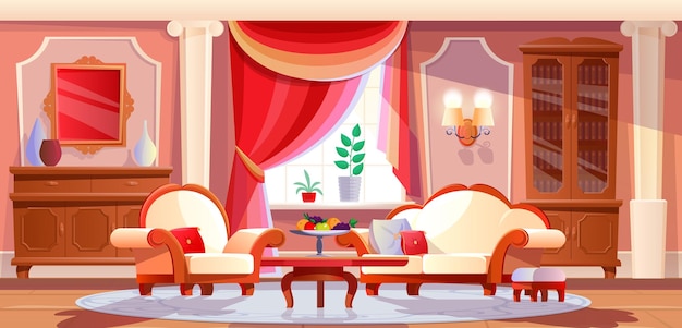 Interior da bela sala de estar luxuosa com móveis e itens de interiores caros Móveis em um estilo de luxo caro relaxar na sala de estar aconchegante e brilhante Ilustração em estilo cartoon