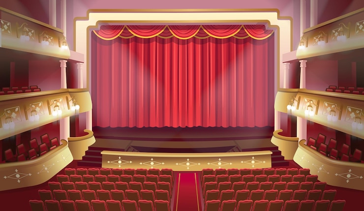 Vetor interior da cena do teatro com varandas e assentos um palco de teatro com uma cortina vermelha e colunas