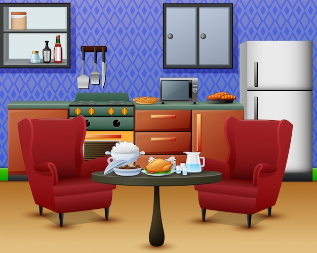 Vetor interior da cozinha aconchegante com mobiliário e conjunto de mesa de jantar