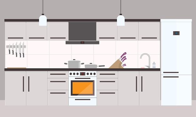 Interior da cozinha dos desenhos animados com forno de geladeira e utensílios de cozinha