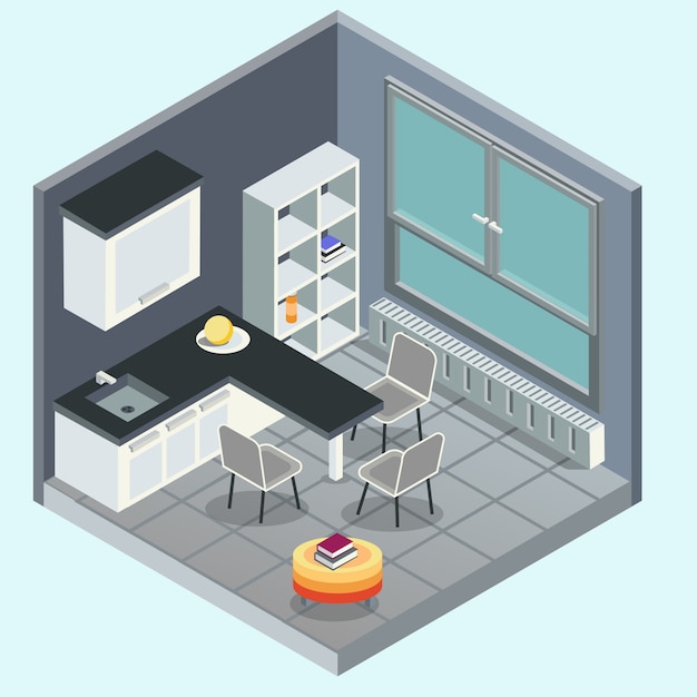 Interior da cozinha moderna. ilustração 3d isométrica plana conceitual. vetor isolado