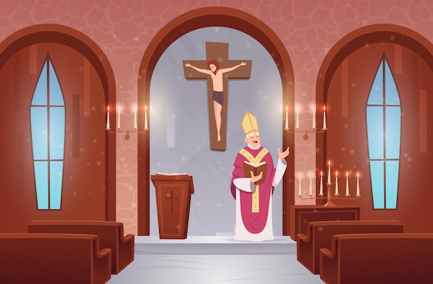 Interior da igreja Fonte interna da igreja católica Exato vetor Template de religião Ilustração em estilo de desenho animado