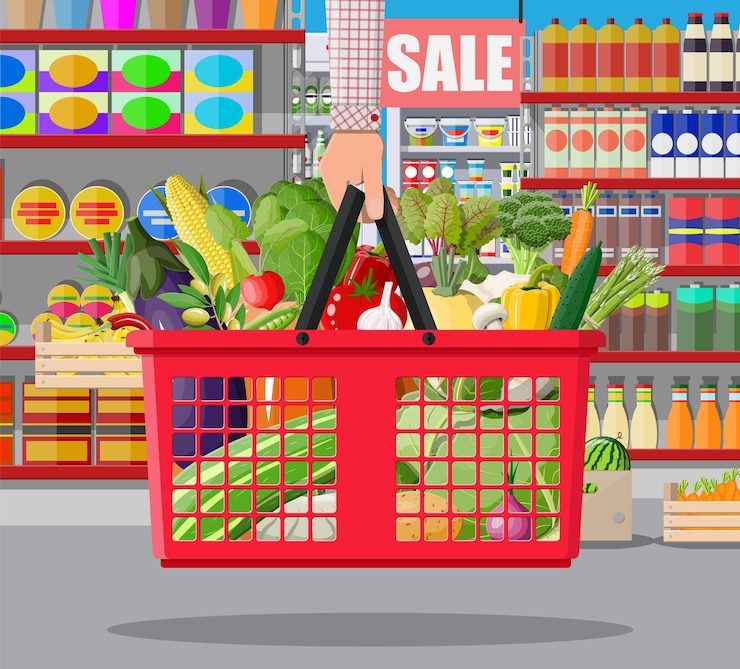 Vetor interior da loja de supermercado com legumes na cesta de compras. grande centro comercial. loja interna dentro. balcão de checkout, mercearia, bebidas, alimentos, laticínios. ilustração vetorial em estilo simples