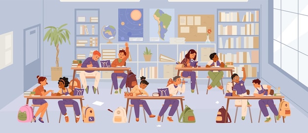 Interior da sala de aula da escola com alunos diversos sentados em pares em mesas estudando