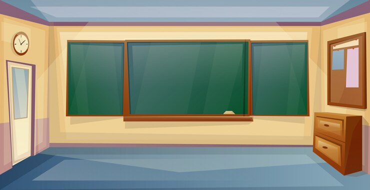 Vetor interior da sala de aula da escola com mesa e quadro